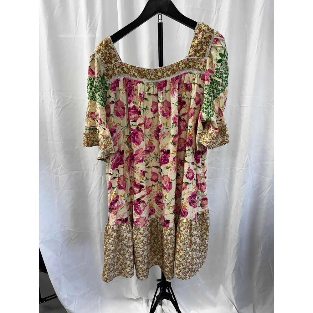 Umgee Pink Floral Patchwork Cottagecore Flutter Sleeve Short Dress Plus Sz 2XL - Picture 11 of 16